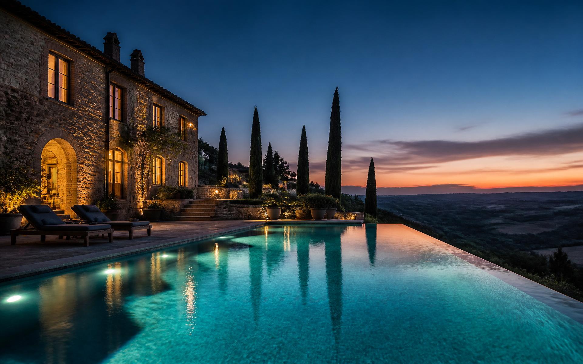 Villa toscana con piscina al tramonto