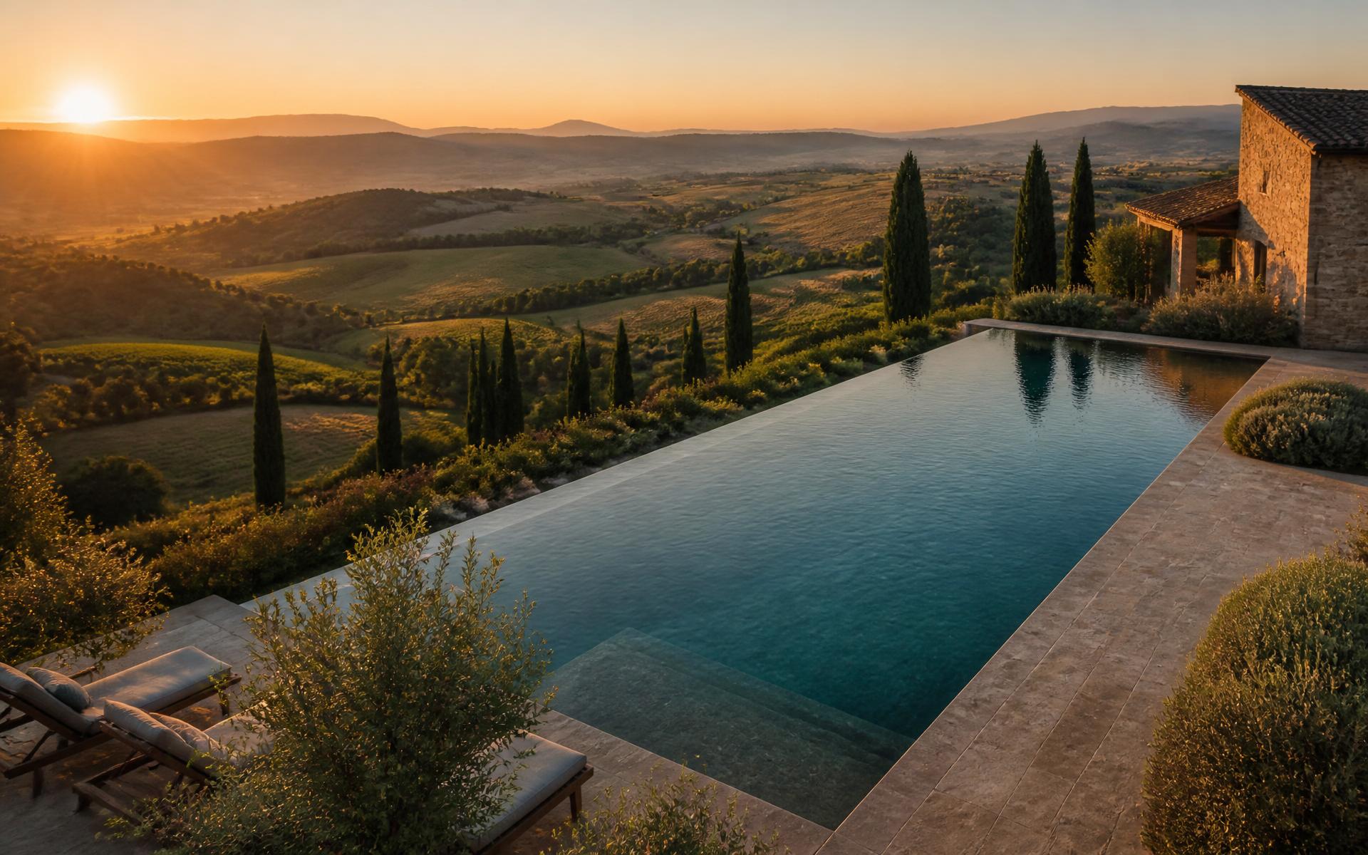 Piscina a sfioro integrata nel paesaggio toscano